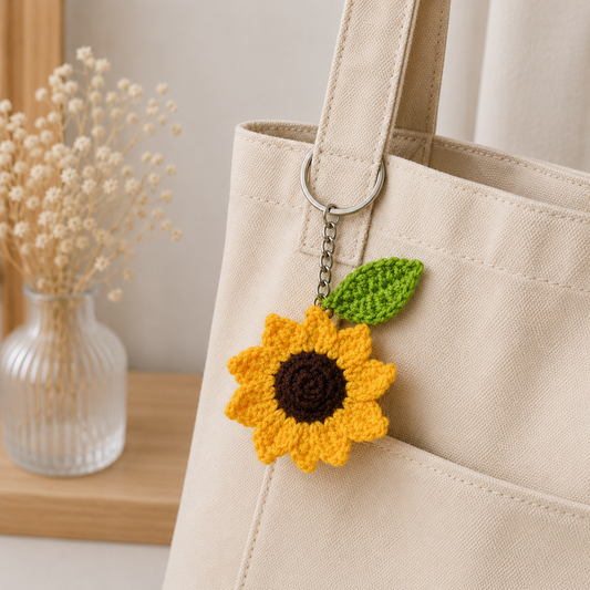 A cream canvas tote bag with a crocheted sunflower keychain charm featuring a green leaf, hanging from a silver ring on the bag's strap.