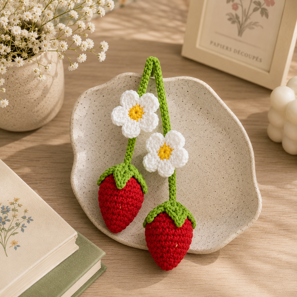 A pair of handmade crocheted strawberry earrings with white daisy flowers, displayed on a speckled ceramic dish on a wooden table.