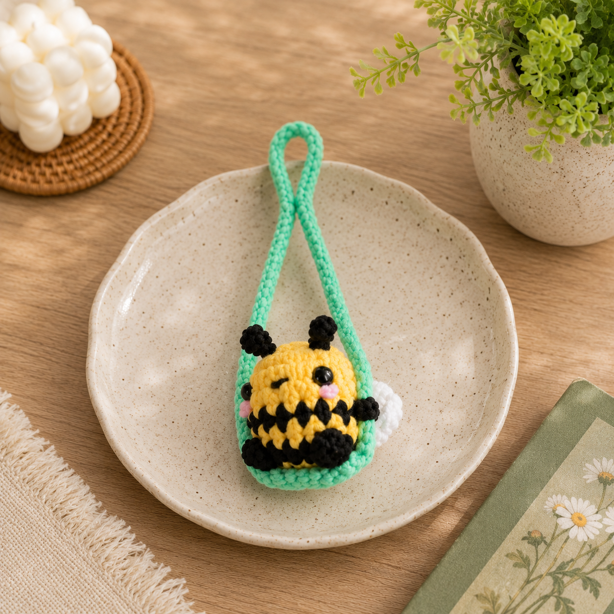 A small crocheted bumble bee keychain or bag charm sits on a speckled ceramic plate on a wooden table. The charm is yellow and black with pink cheeks and white wings, hanging from a mint green loop.