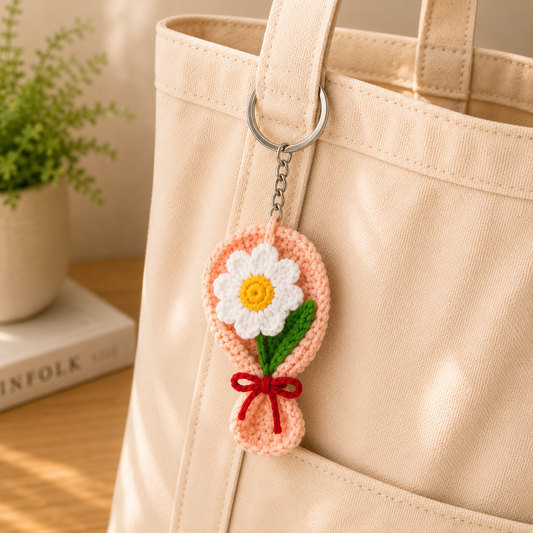 A crocheted flower bouquet keychain hanging from a silver ring on a beige tote bag. The keychain features a white daisy with a yellow center, green leaves, and a red ribbon tied at the bottom, set against a softly lit indoor background with a potted plant and book.