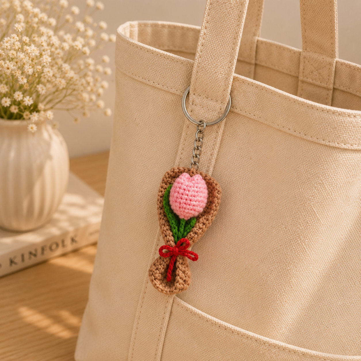 A beige canvas tote bag with a crocheted tulip flower keychain hanging from the strap. The keychain features a pink crocheted tulip with green leaves and a red ribbon, set against a softly styled background with a vase of baby's breath and a book.
