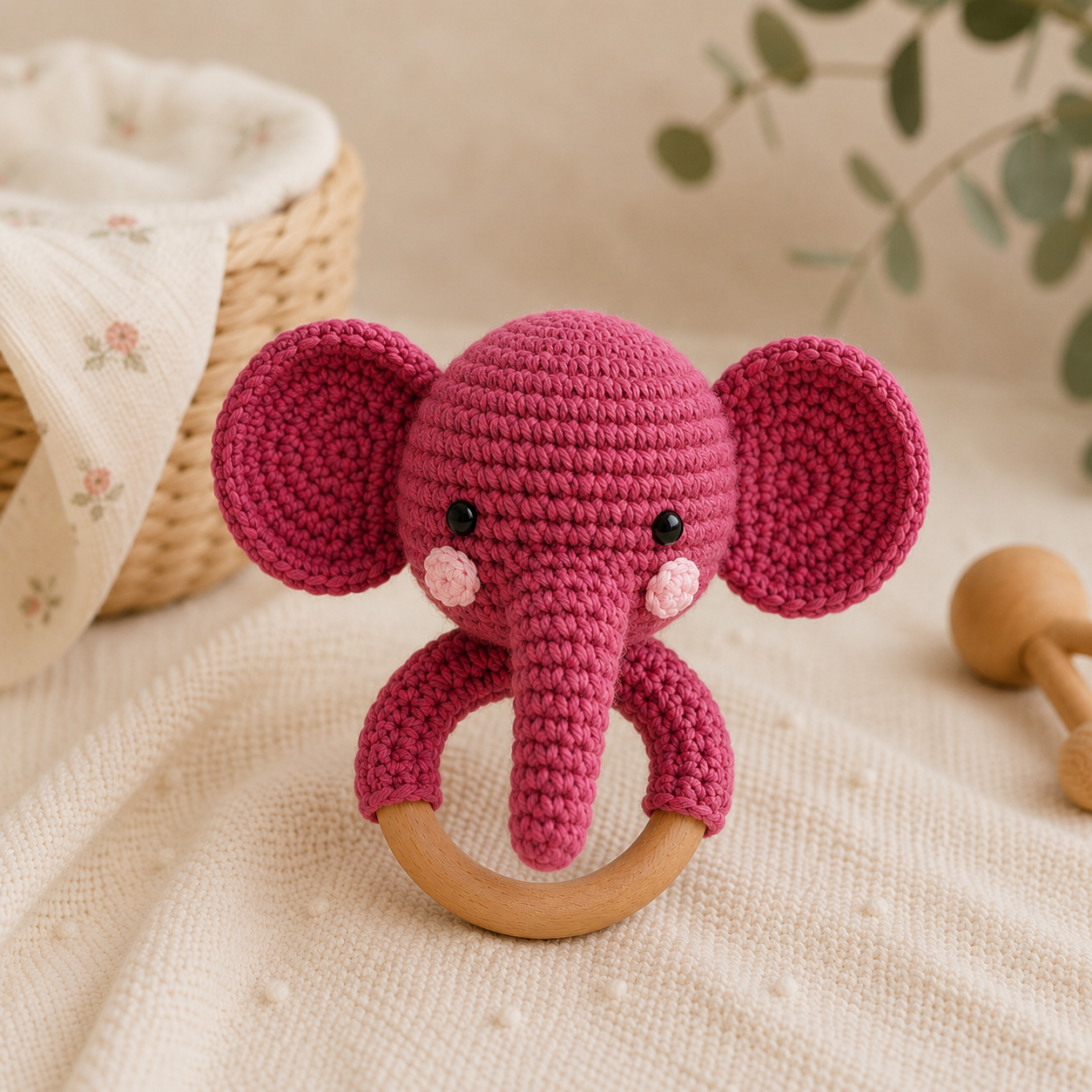 A crocheted elephant baby teether toy in vibrant magenta pink, featuring a wooden ring handle, black embroidered eyes, and pink cheek details, displayed on a textured cream blanket with a wicker basket and eucalyptus leaves in the background.
