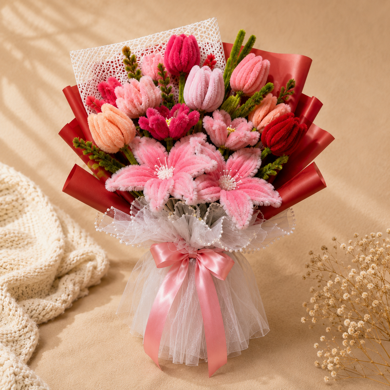 A handcrafted bouquet of pink and red artificial flowers wrapped in red paper and white tulle, tied with a pink ribbon, set against a warm beige background with a knitted blanket and dried flowers.
