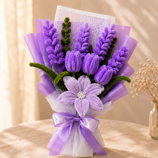A small bouquet of purple artificial flowers wrapped in lavender and white tissue paper, tied with a purple ribbon, displayed on a beige surface with a softly blurred indoor background.