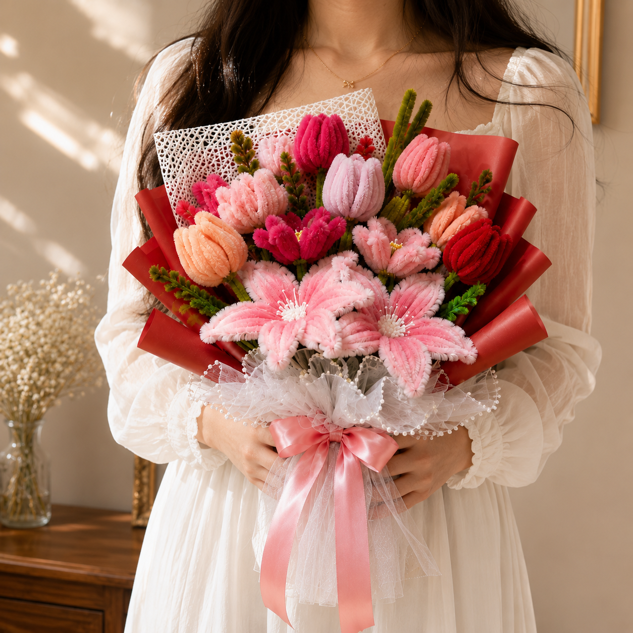 A person in a white dress holds a large bouquet of pink and red flowers, including lilies and tulips, wrapped in red paper with a pink ribbon, in a softly lit indoor setting.