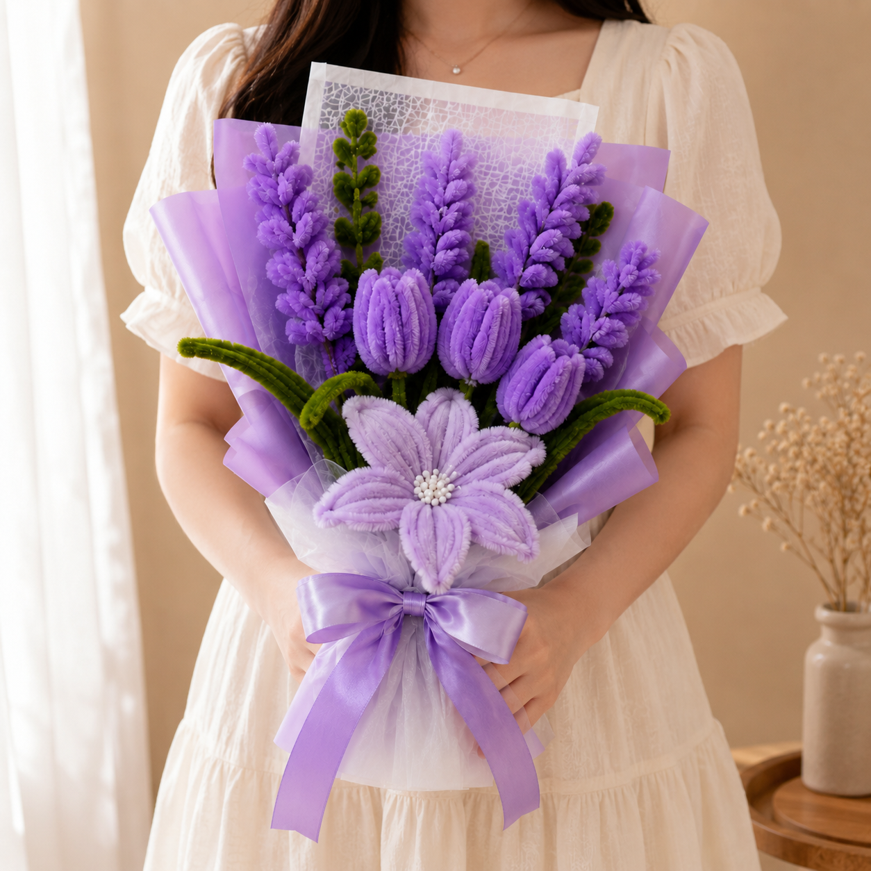 A person in a cream-colored dress holds a plush bouquet of lavender and tulip-shaped flowers wrapped in light purple tissue paper with a matching purple ribbon bow.