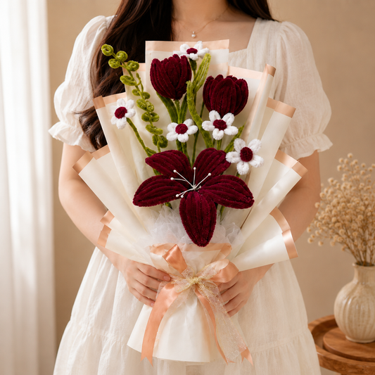A person in a white dress holds a bouquet of artificial flowers, including deep burgundy lilies, white and burgundy daisies, and green stems, wrapped in cream paper with peach ribbon. A small vase with dried flowers sits on a table in the background.