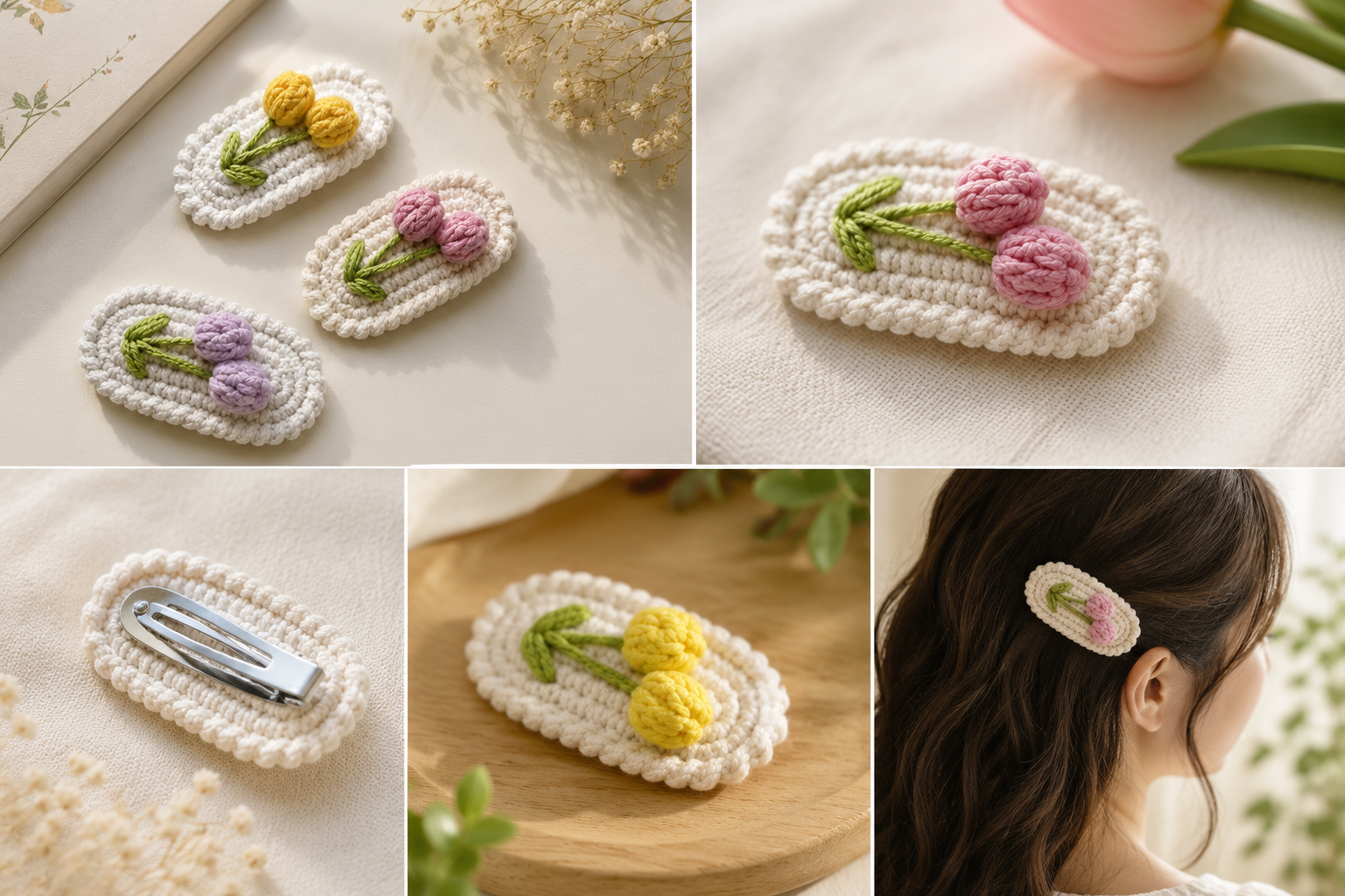 A collage showing several small crocheted hair clips with floral details, including pink and yellow tulips, displayed on a light surface and worn in a person's hair.
