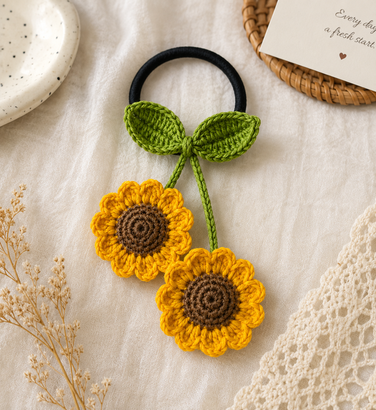 A crocheted sunflower hair tie accessory with two yellow flowers, brown centers, and green leaves attached to a black elastic band, styled on a cream fabric surface with dried flowers and a small card.