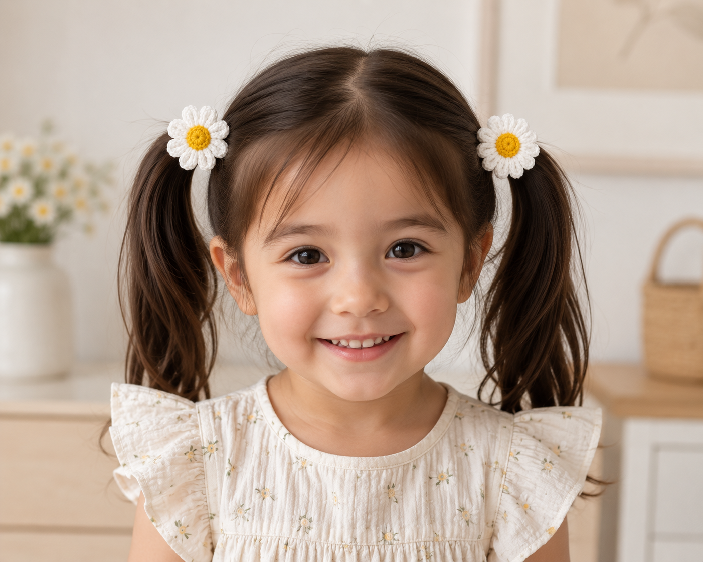 A young girl with dark brown hair in pigtails wearing white daisy hair clips, smiling in a brightly lit indoor setting.