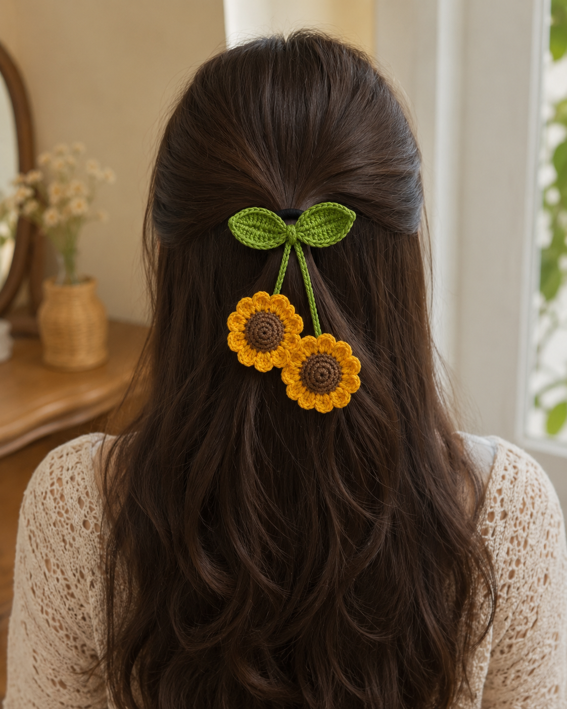 A person shown from the back with long dark brown hair, wearing a handmade crochet sunflower hair accessory with a green bow on a beige background.
