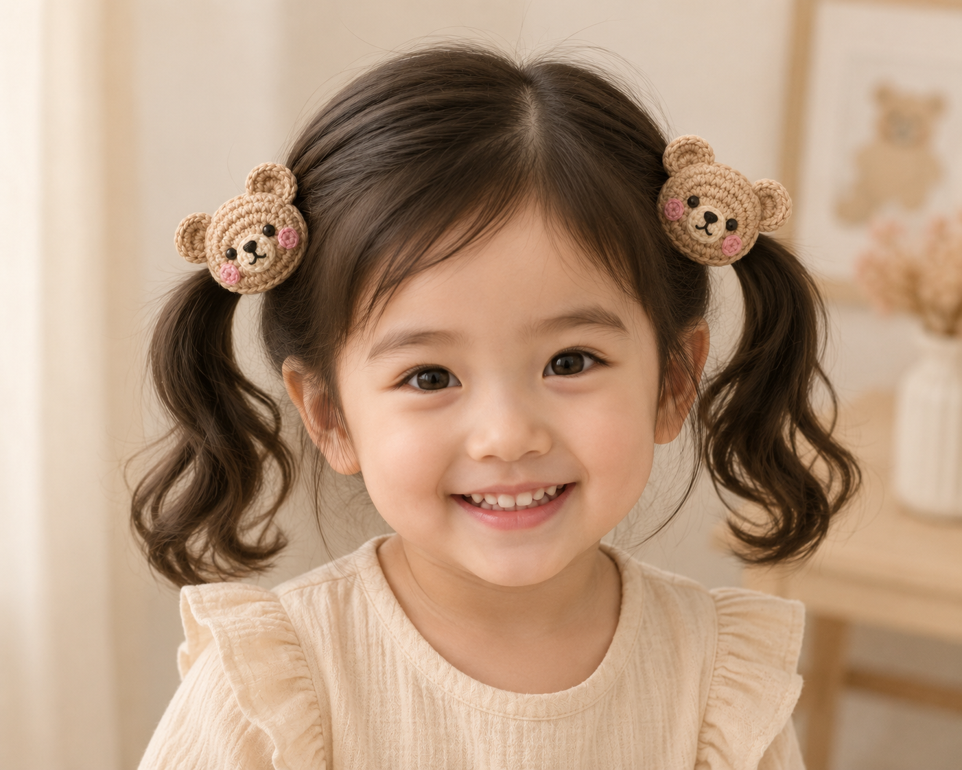 A young girl with dark brown hair styled in two pigtails wears two beige crocheted bear hair clips with pink and black facial details, set against a soft, warm indoor background.
