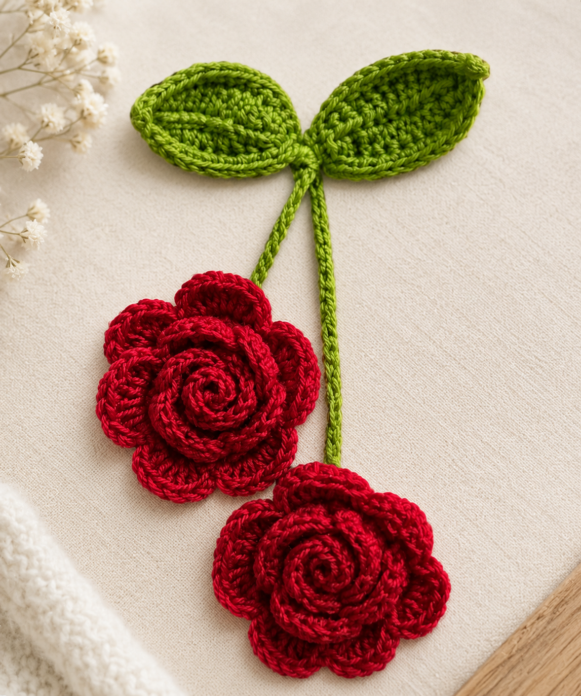 A pair of handmade crocheted cherry blossoms, featuring deep red petals and bright green stems and leaves, displayed on a textured cream fabric background with small white dried flowers in the corner.