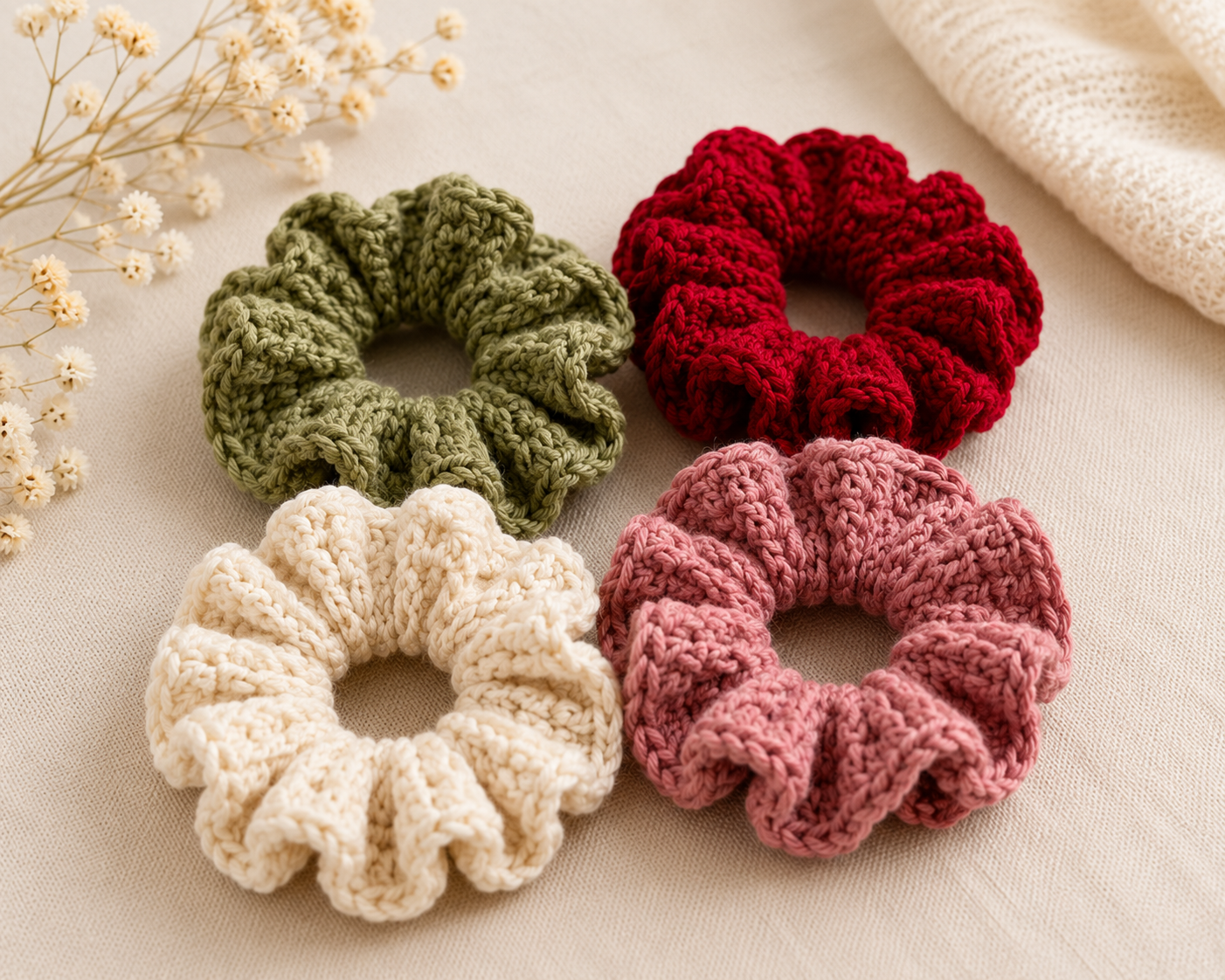 Four crocheted hair scrunchies in olive green, deep red, cream, and dusty pink, arranged on a beige fabric background with dried flowers and a knit textile in the corners.