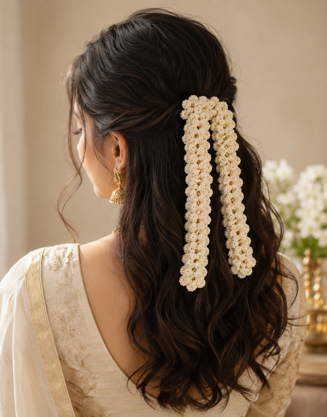 A woman shown from the back wearing a cream crocheted hair accessory with two long dangling strands, styled in her dark brown hair. She is wearing a cream-colored embroidered traditional garment against a softly blurred indoor background.