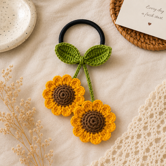 A handmade crocheted sunflower hair tie accessory with two yellow flower petals, brown centers, and green leaves attached to a black elastic band, styled on a beige fabric background with dried flowers and a card.