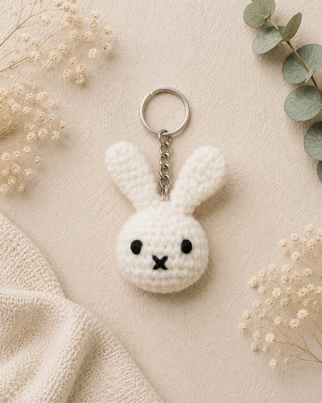 A soft, handmade crochet bunny keychain with a sweet stitched face — the perfect cute little charm for your keys, bag, or as a thoughtful gift.