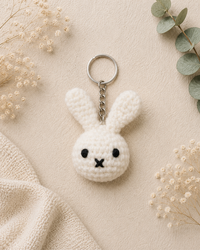 A soft, handmade crochet bunny keychain with a sweet stitched face — the perfect cute little charm for your keys, bag, or as a thoughtful gift.