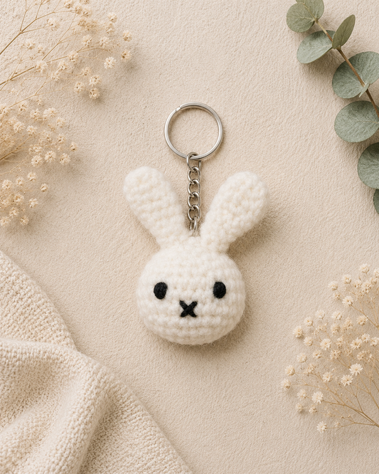 A soft, handmade crochet bunny keychain with a sweet stitched face — the perfect cute little charm for your keys, bag, or as a thoughtful gift.