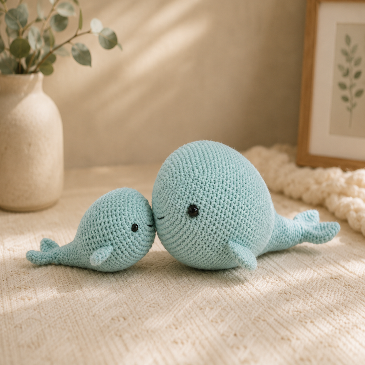 Two crocheted whale plush toys in a soft mint blue color, one larger and one smaller, resting on a textured cream blanket with a beige vase and framed print in the background.